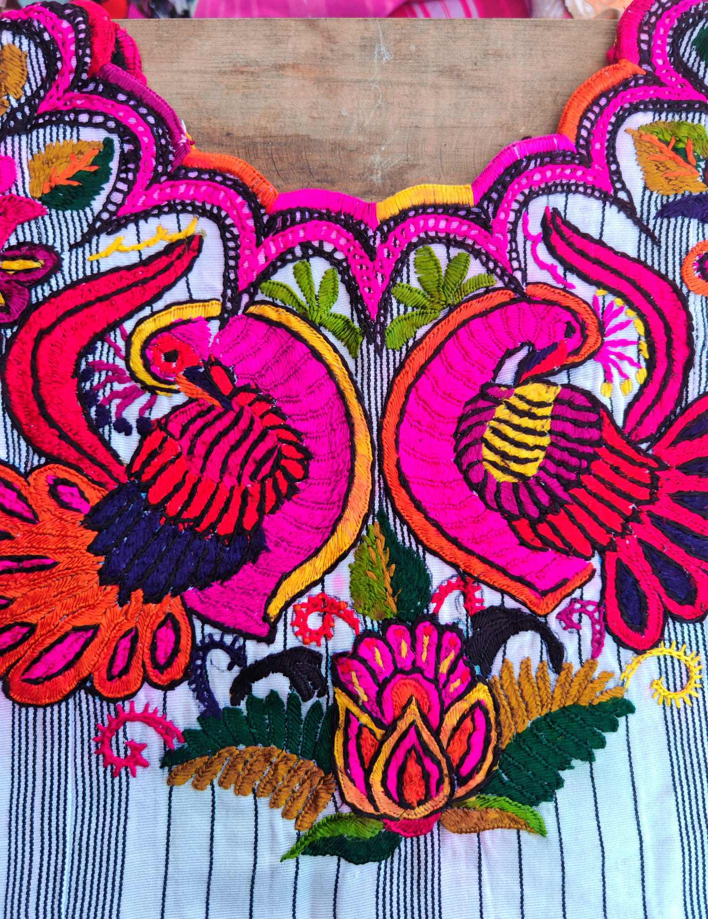 Peacocks on White Stripes Chichicastenango Huipil #8-8