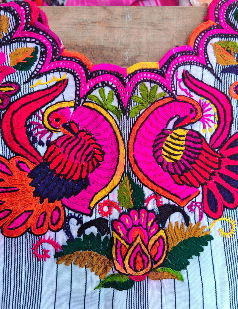 Peacocks on White Stripes Chichicastenango Huipil #8-8