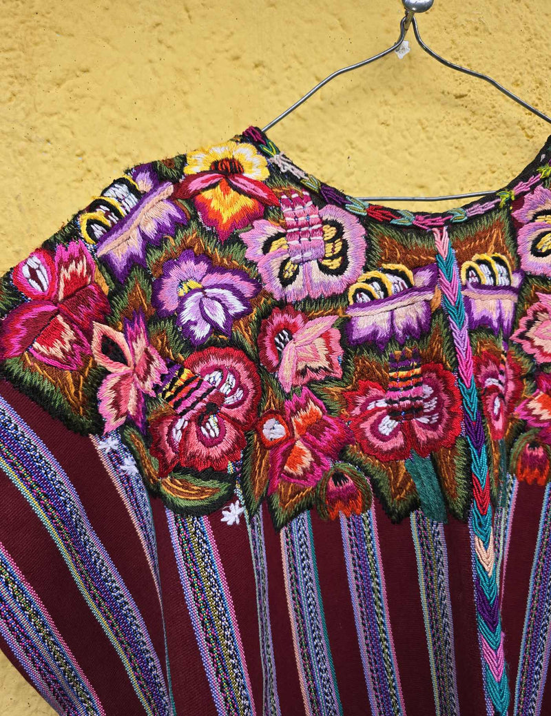 Pink Floral on Burgundy Patzún Huipil #8-50
