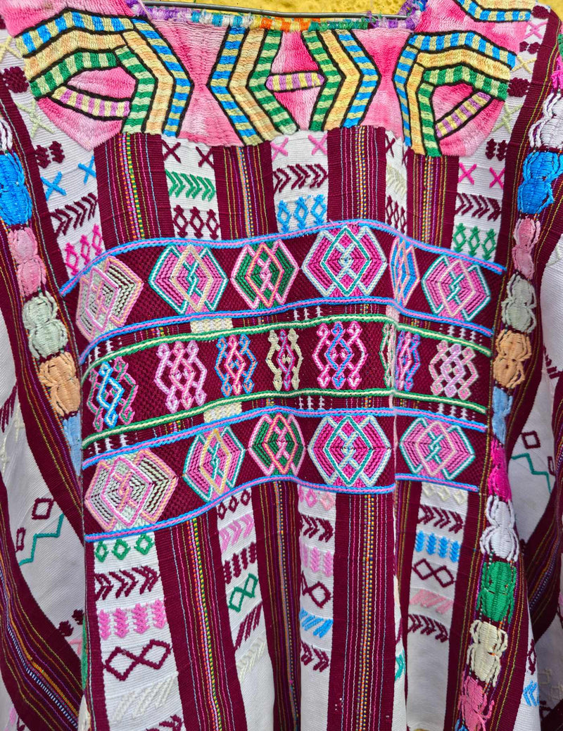 White and Burgundy Colotenango Huipil #8-51