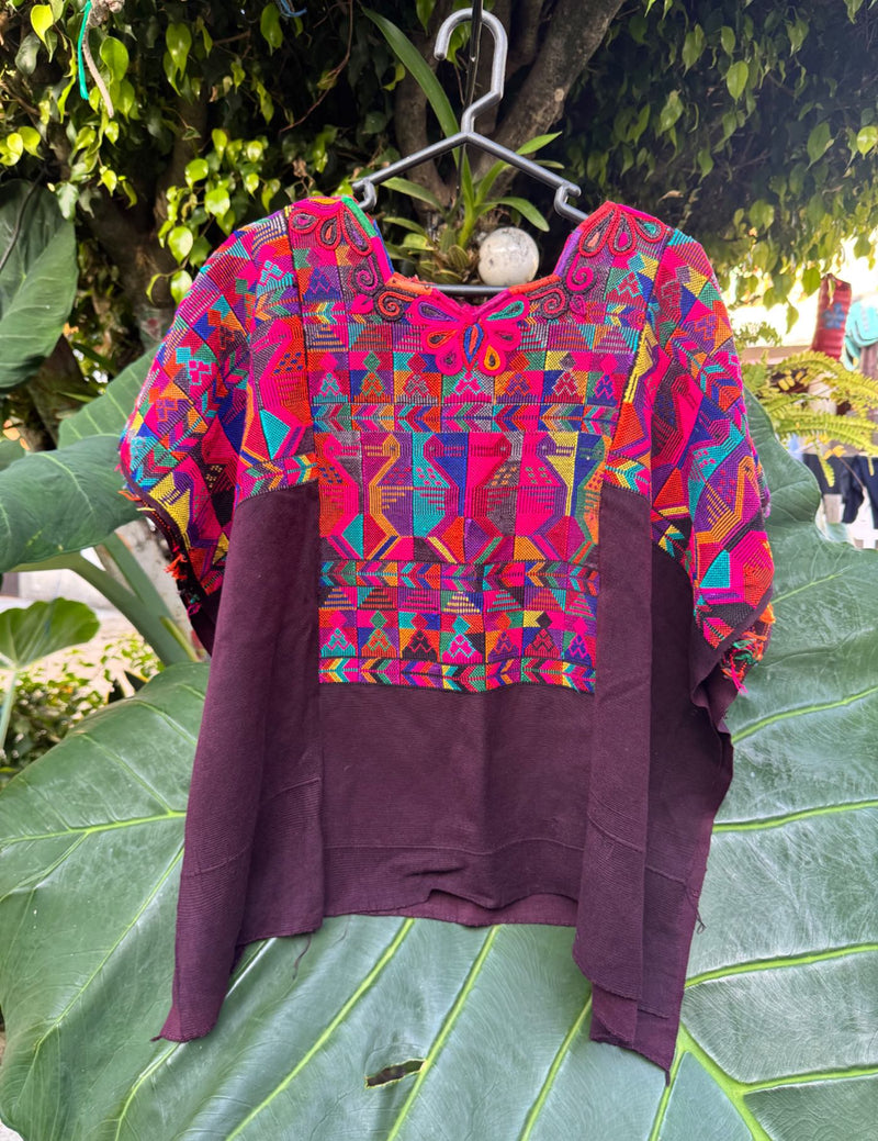 Multicolor quetzal bird on brown Chichicastenango Huipil #8-56