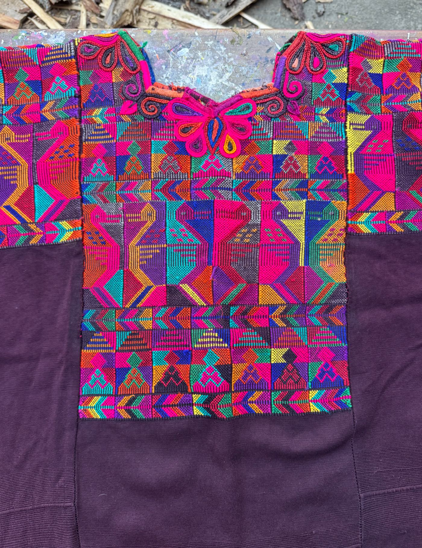 Multicolor quetzal bird on brown Chichicastenango Huipil #8-56