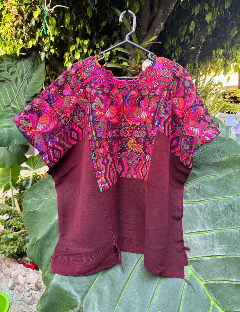 Multicolor peacocks on brown Chichicastenango Huipil #8-57