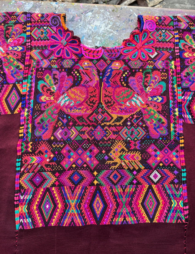 Multicolor peacocks on brown Chichicastenango Huipil #8-57