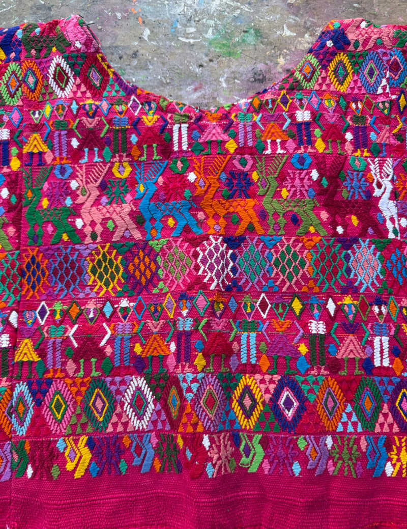 Pink stars and multicolored deer Cobán Huipil #8-59
