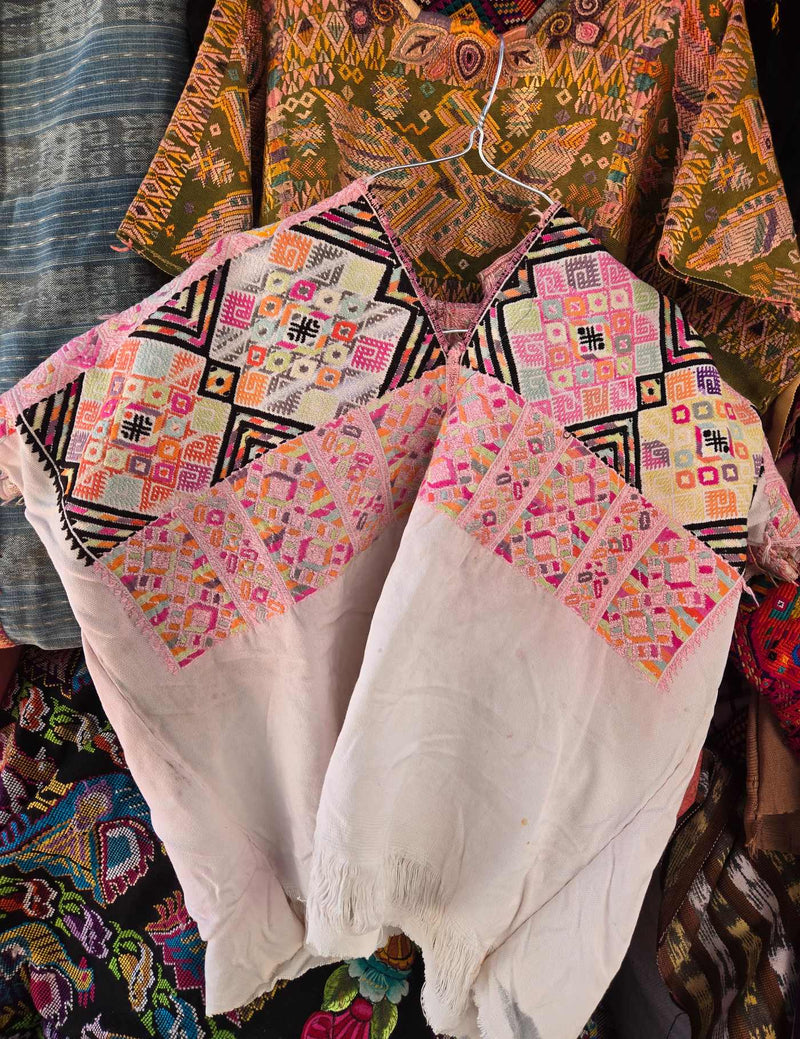 Cream and Pink Geometric Nahualá Huipil #8-61