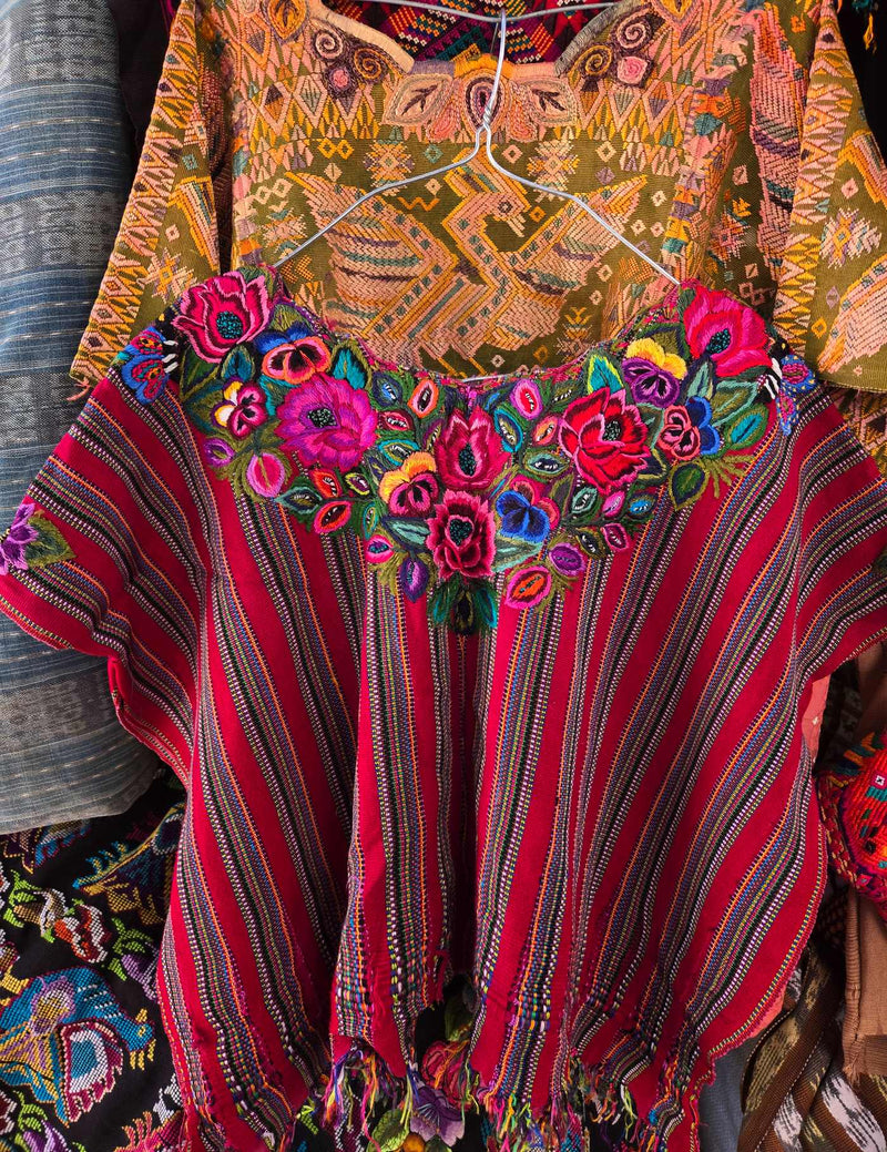 Pink Flowers on Red Stripes Patzún Huipil #8-63
