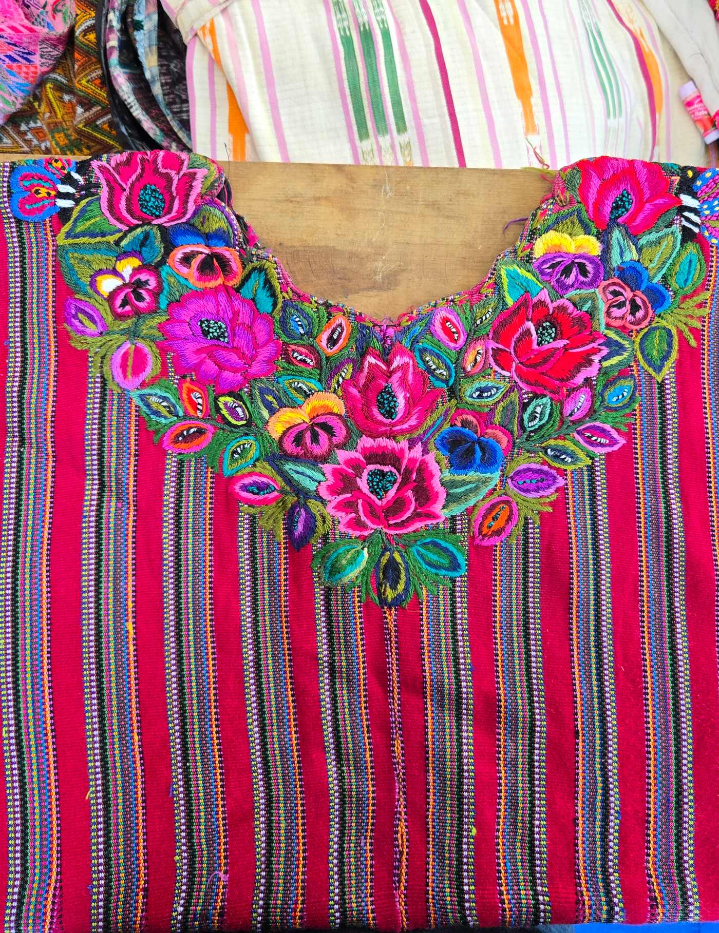 Pink Flowers on Red Stripes Patzún Huipil #8-63