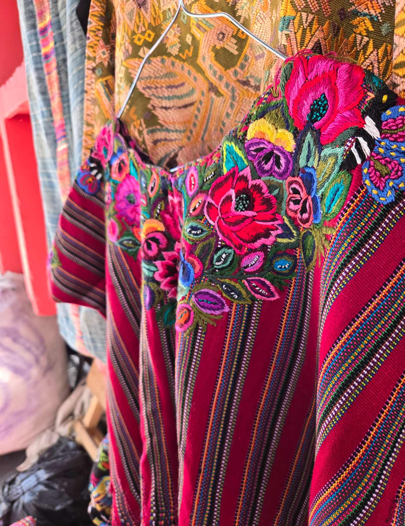 Pink Flowers on Red Stripes Patzún Huipil #8-63