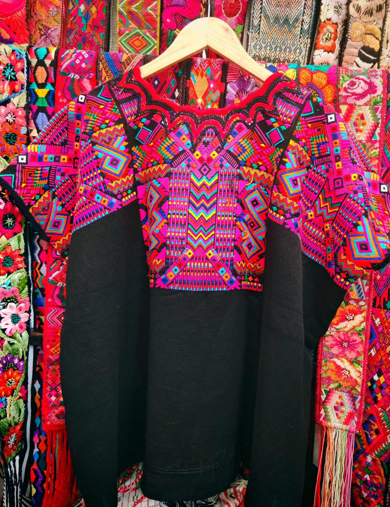 Pink Geometrics on Black Chichicastenango Huipil #8-65