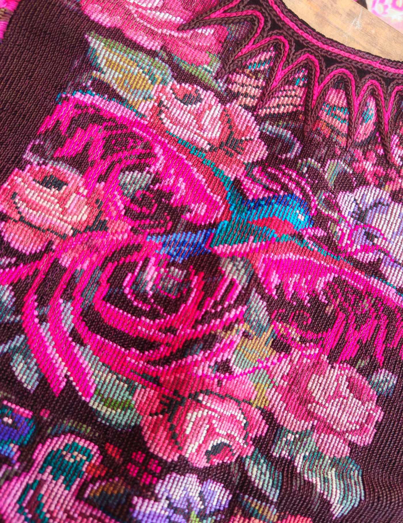 Stylised flowers on Brown Chichicastenango Huipil #8-66