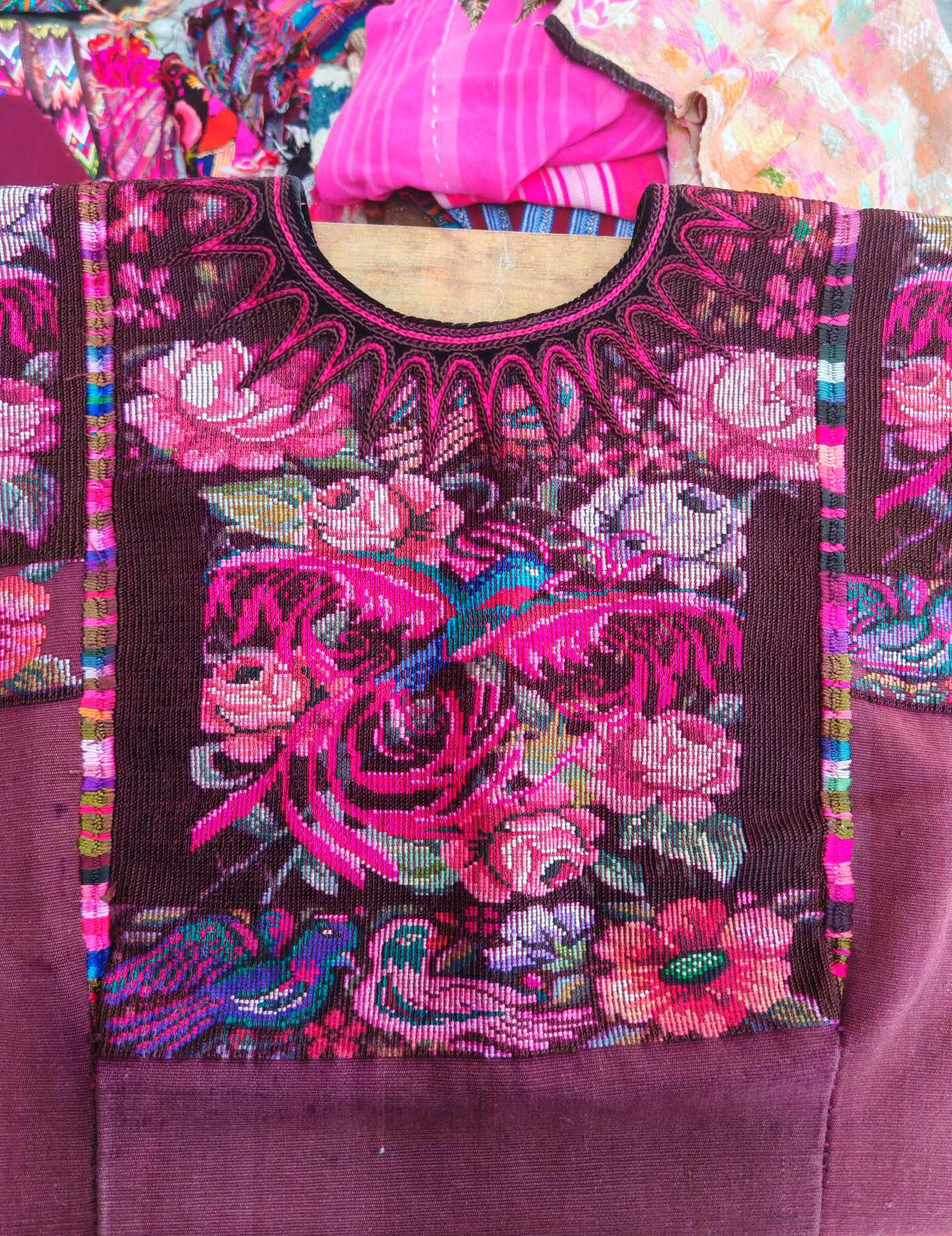 Stylised flowers on Brown Chichicastenango Huipil #8-66