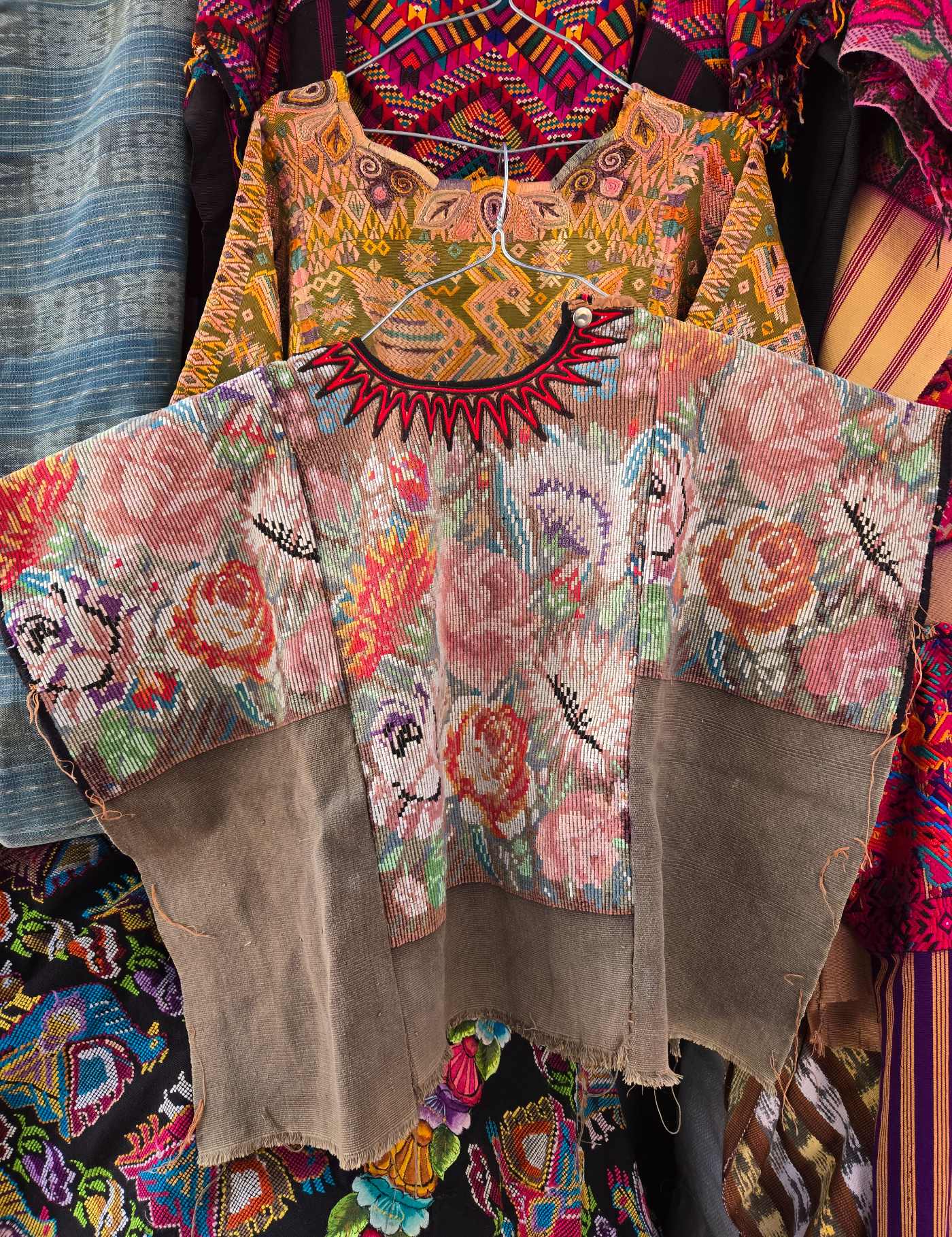 Pastel Floral on Brown Chichicastenango Huipil #8-69