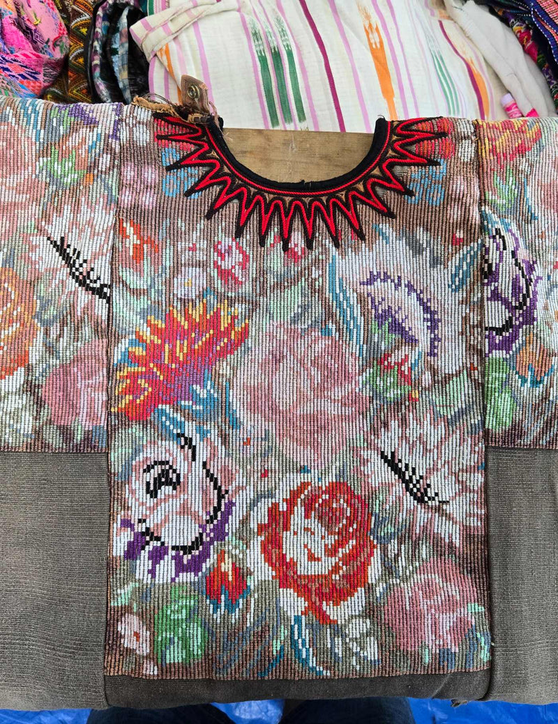 Pastel Floral on Brown Chichicastenango Huipil #8-69