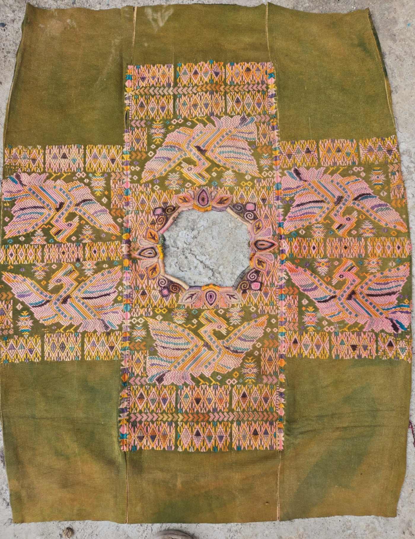 Pink Birds On Green Chichicastenango Huipil #8-122