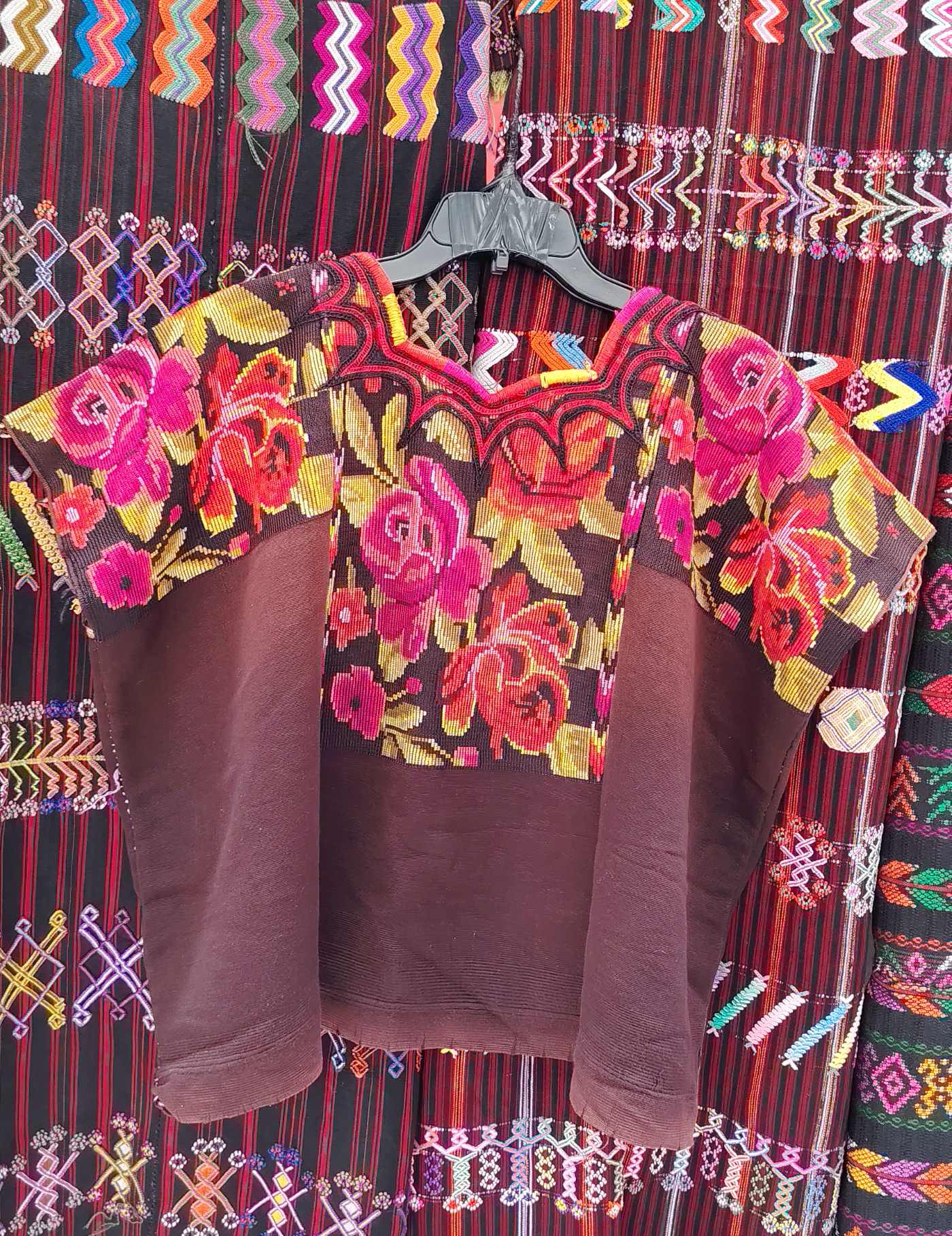 Dark Brown with Roses Chichicastenango Huipil #8-209