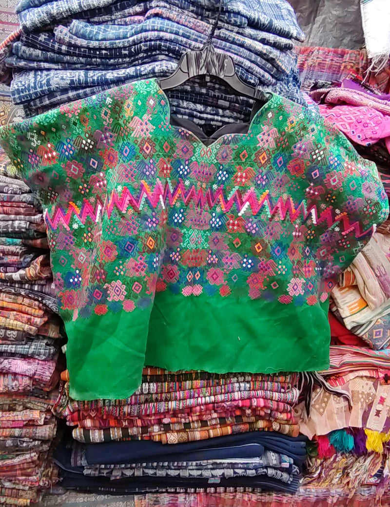 Pink Peacocks on Green Totonicapán Huipil #8-227