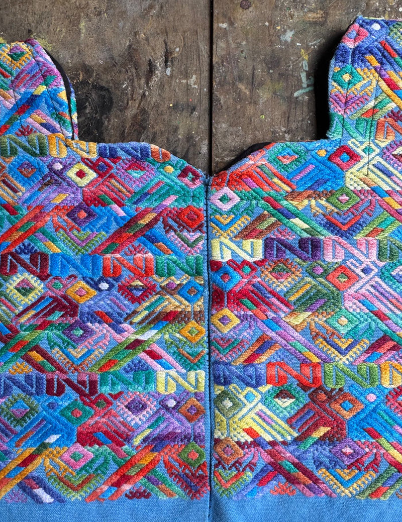 Multicolor Quetzals on Blue Nahualá Huipil #8-238