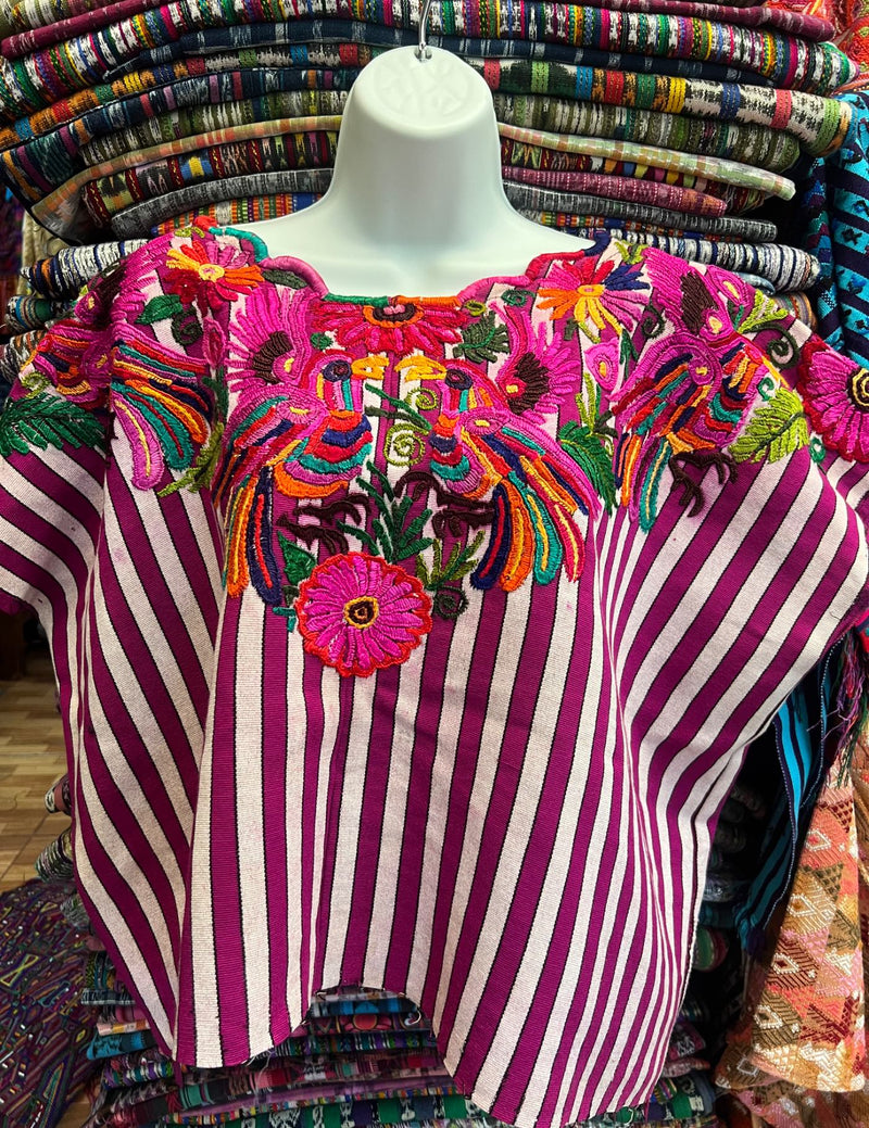 Pink cotton background and silk embroidery Chichicastenango Huipil #8-337