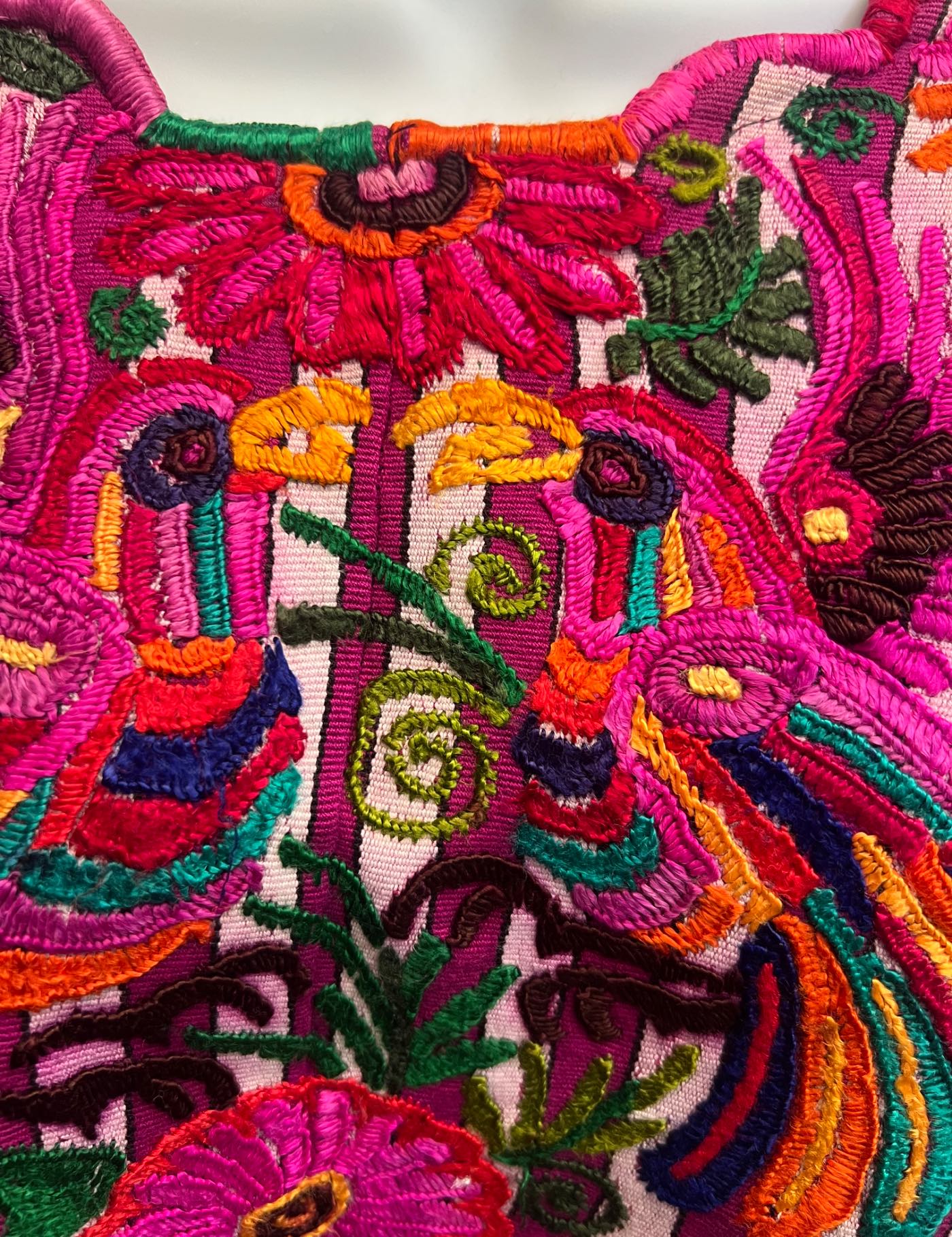 Pink cotton background and silk embroidery Chichicastenango Huipil #8-337