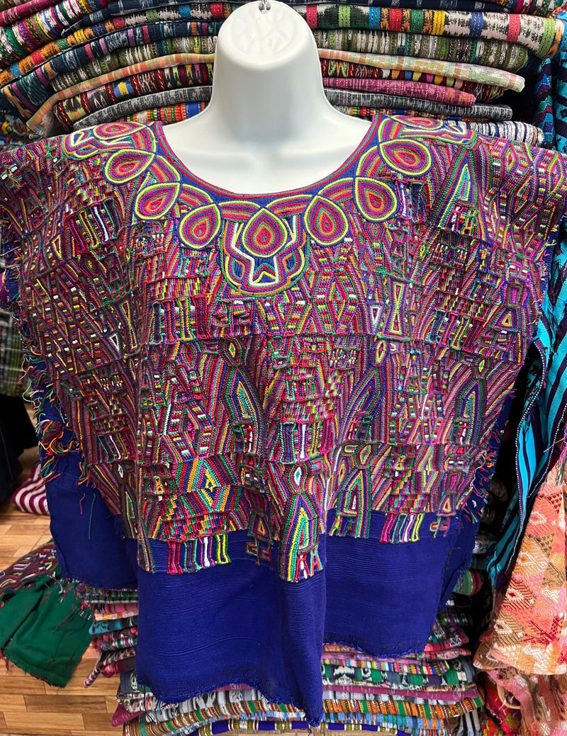 Blue background with geometric figures in cotton Nebaj Huipil #8-338