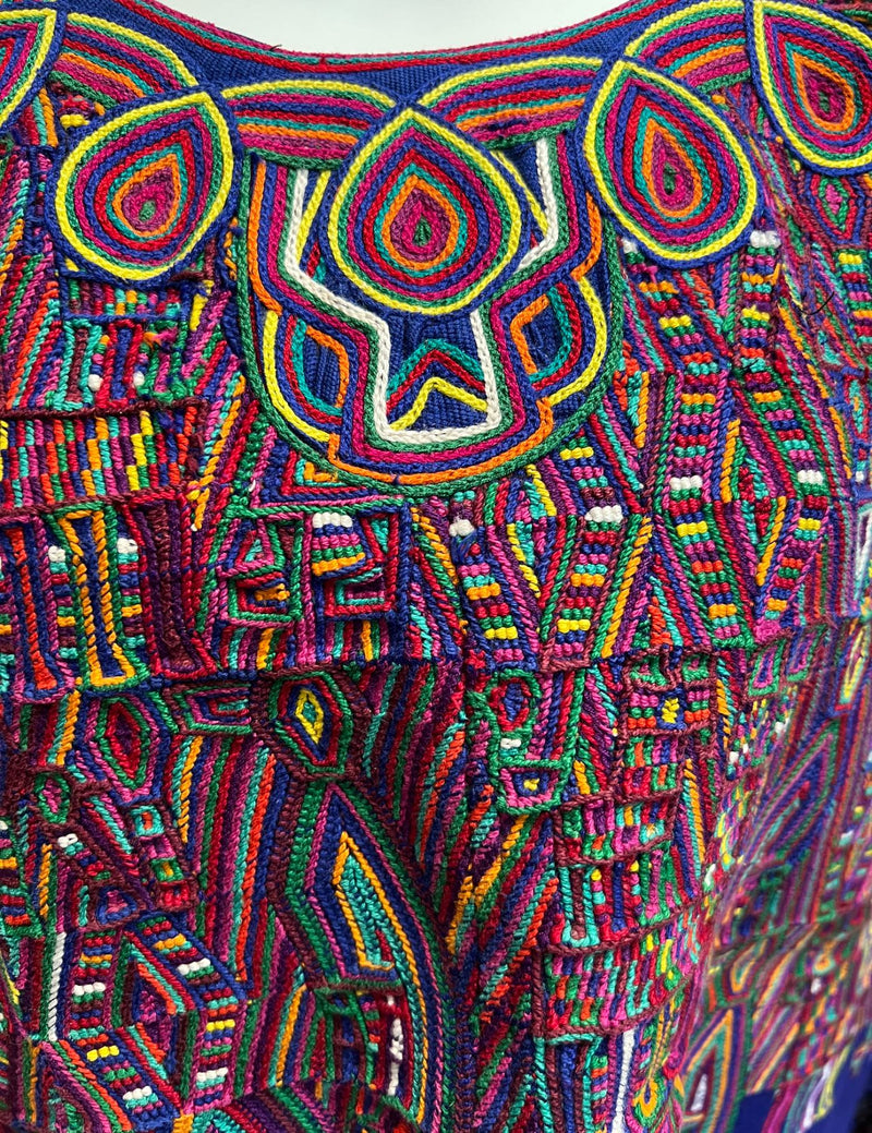 Blue background with geometric figures in cotton Nebaj Huipil #8-338