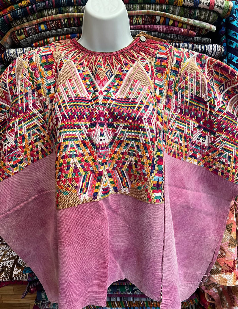 Soft purple background with geometric figures in multicolor Chichicastenango Huipil #8-341