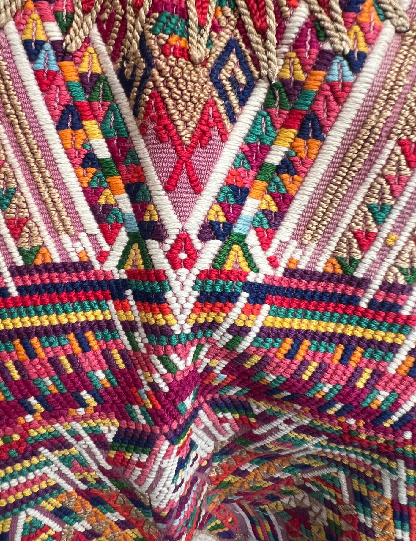 Soft purple background with geometric figures in multicolor Chichicastenango Huipil #8-341