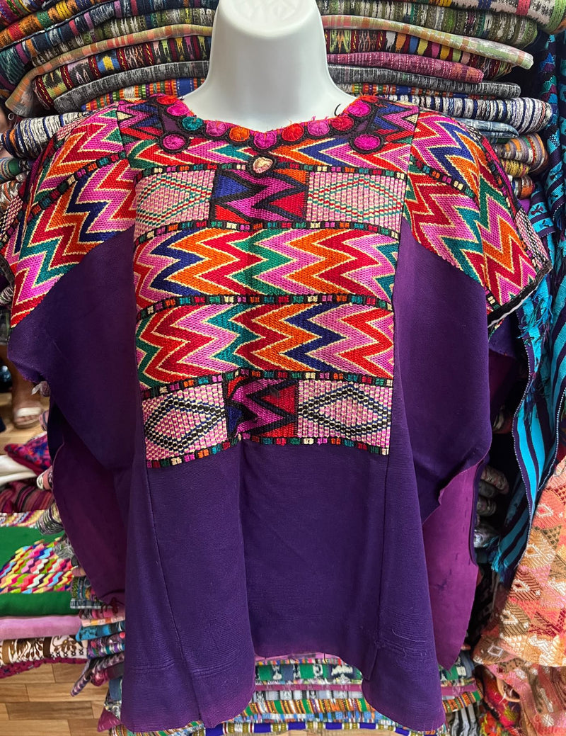 Purple background with geometric embroidery in different colors Chichicastenango Huipil #8-343