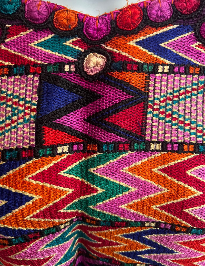 Purple background with geometric embroidery in different colors Chichicastenango Huipil #8-343