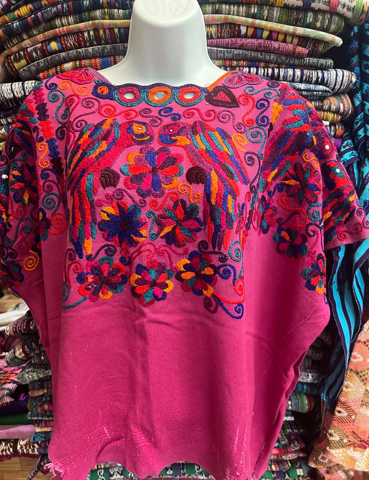 Pink cotton background with silk embroidery of birds and flowers in multicolor Chichicastenango Huipil #8-344