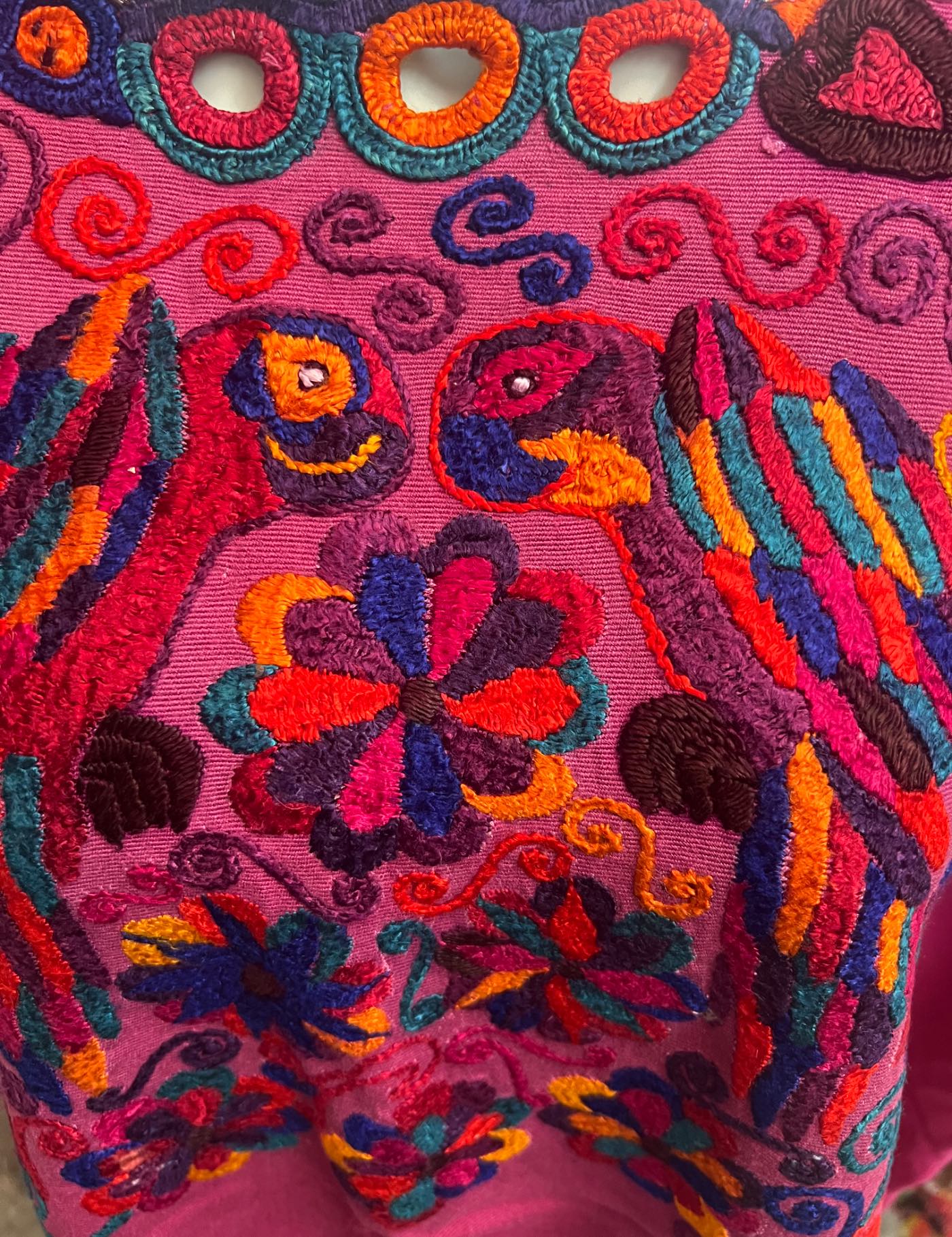 Pink cotton background with silk embroidery of birds and flowers in multicolor Chichicastenango Huipil #8-344