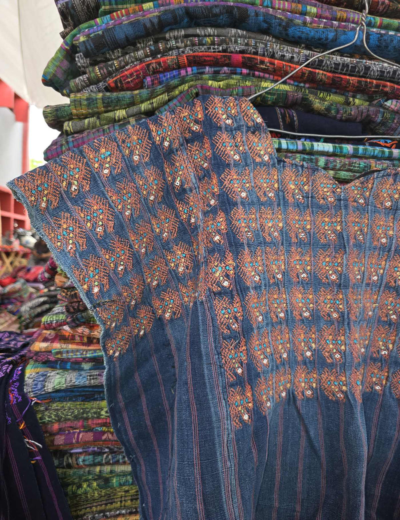 Indigo with orange turkeys Nahualá Huipil #8-378