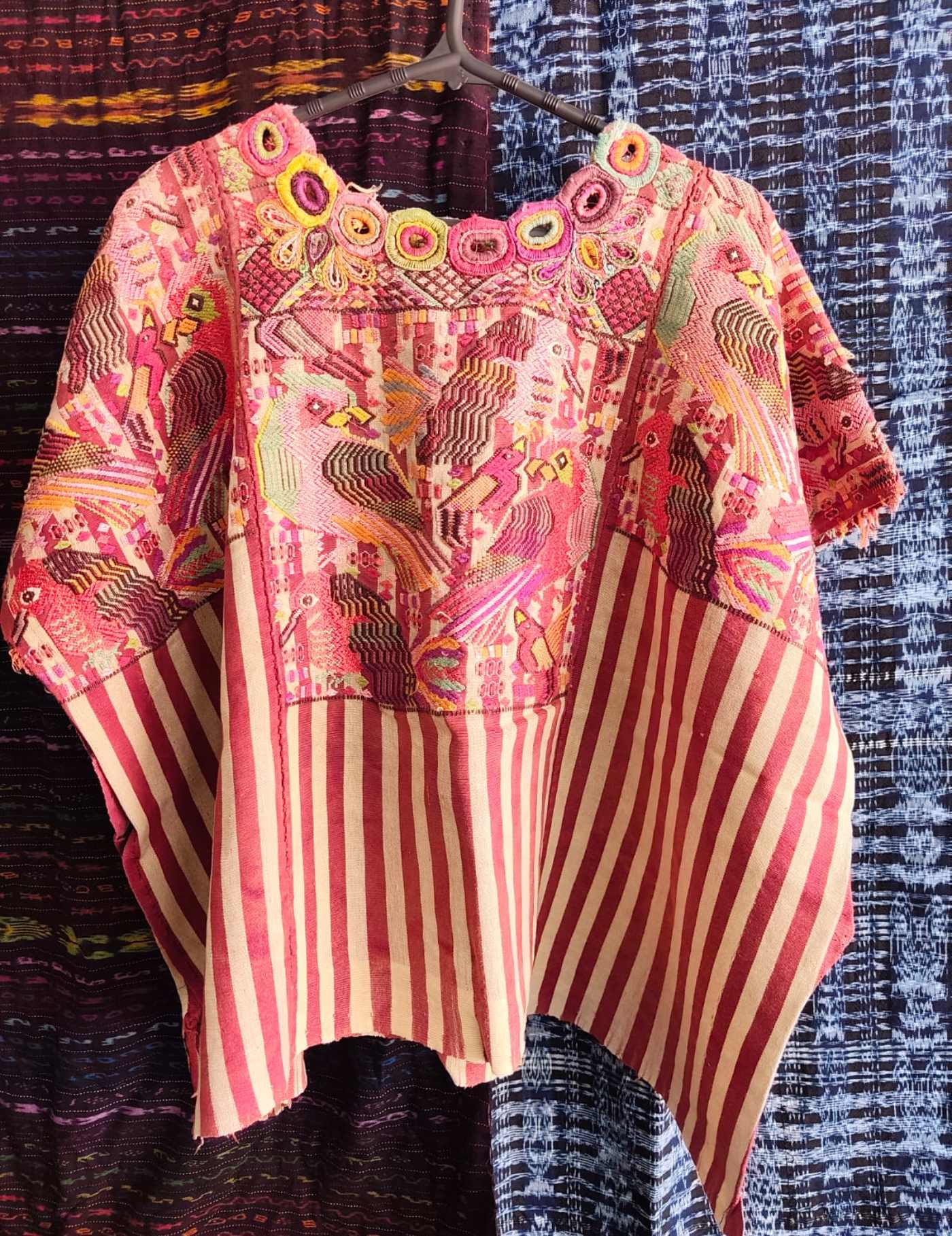 Silk Embroidered Birds on Stripes Chichicastenango Huipil #8-472