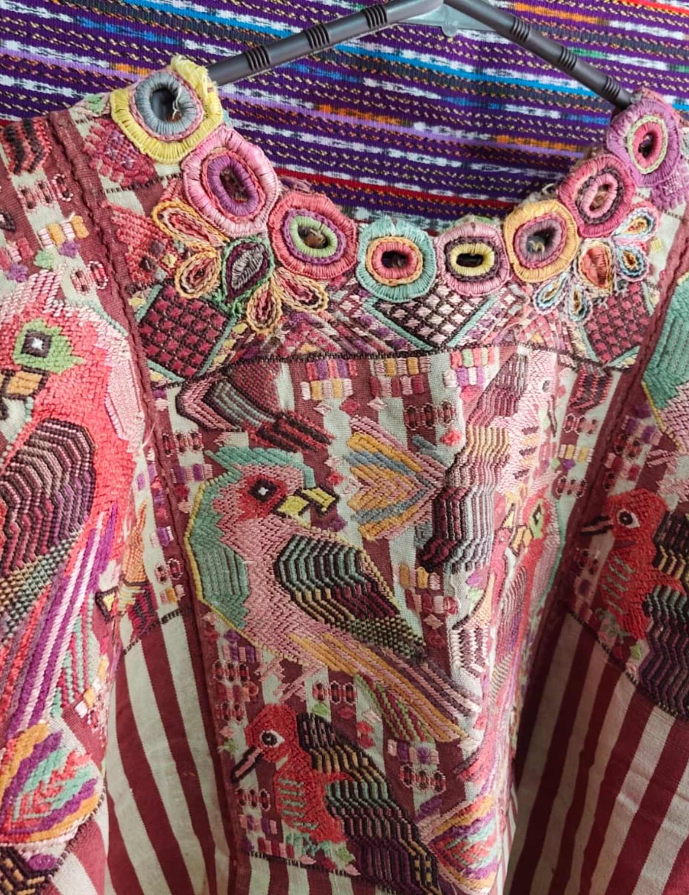 Silk Embroidered Birds on Stripes Chichicastenango Huipil #8-472