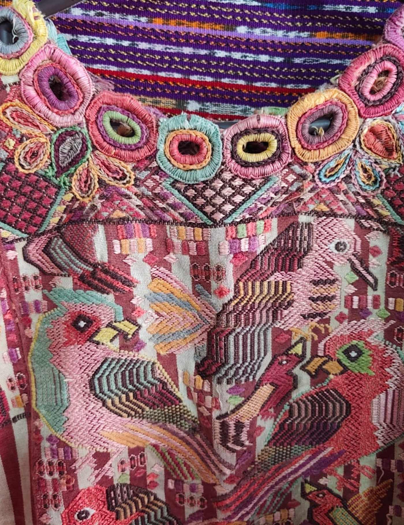Silk Embroidered Birds on Stripes Chichicastenango Huipil #8-472