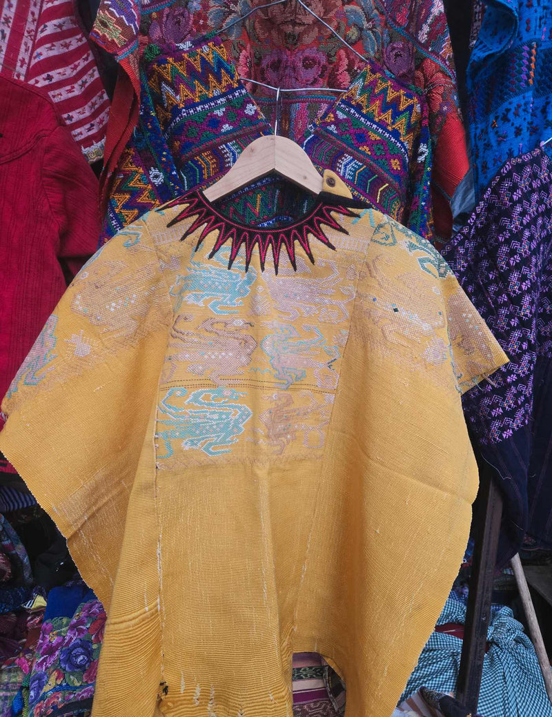 55 years old, Dragons on Yellow Chichicastenango Huipil #8-506