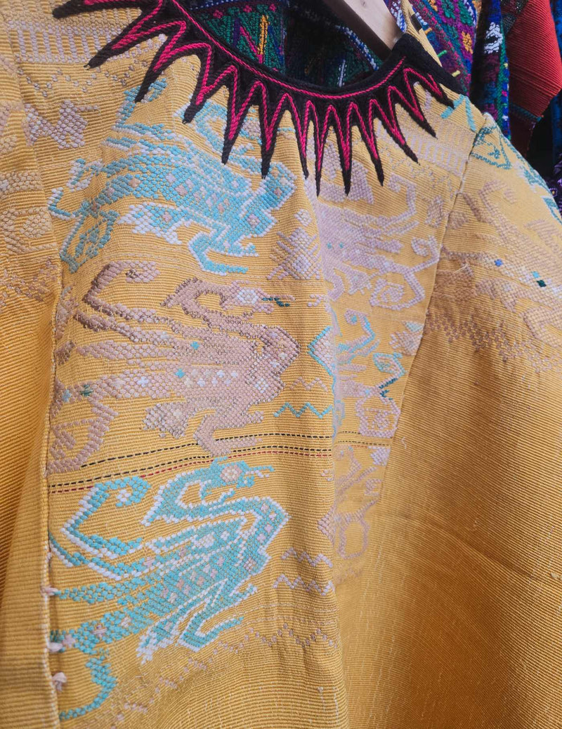 55 years old, Dragons on Yellow Chichicastenango Huipil #8-506