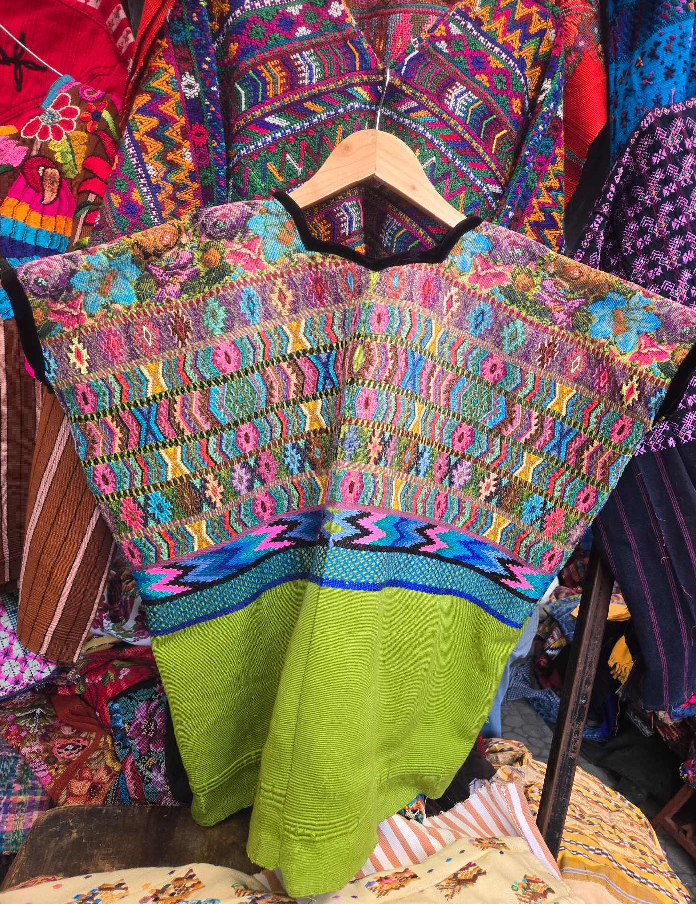 Colourful on Lime Green Comalapa Huipil #8-517