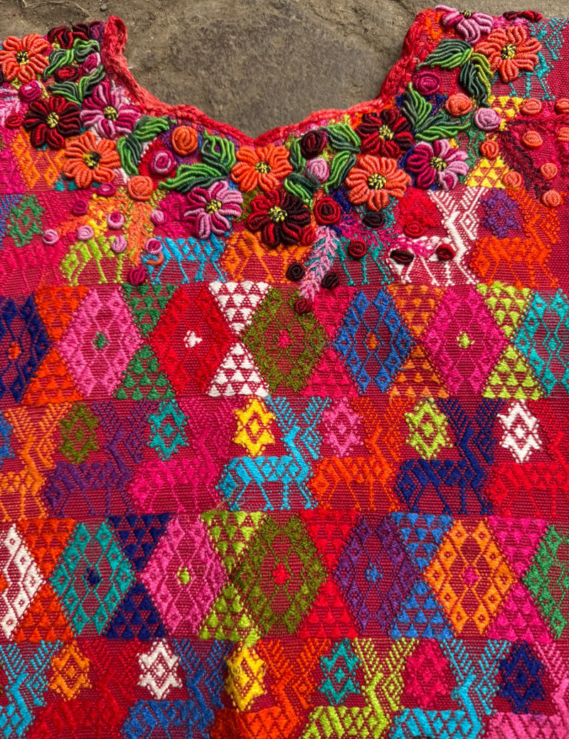 Red with Rococo Neckline Cobán Huipil #8-534