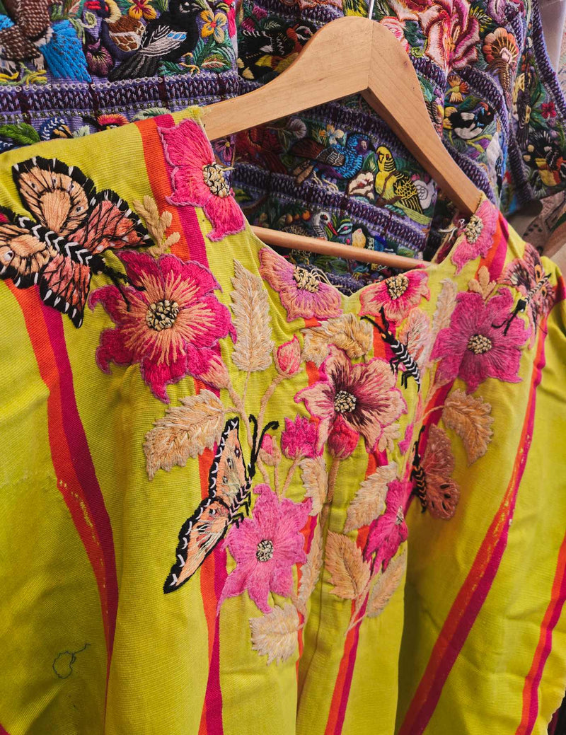 Chartreuse With Pink Butterflies Santiago Huipil #9-8