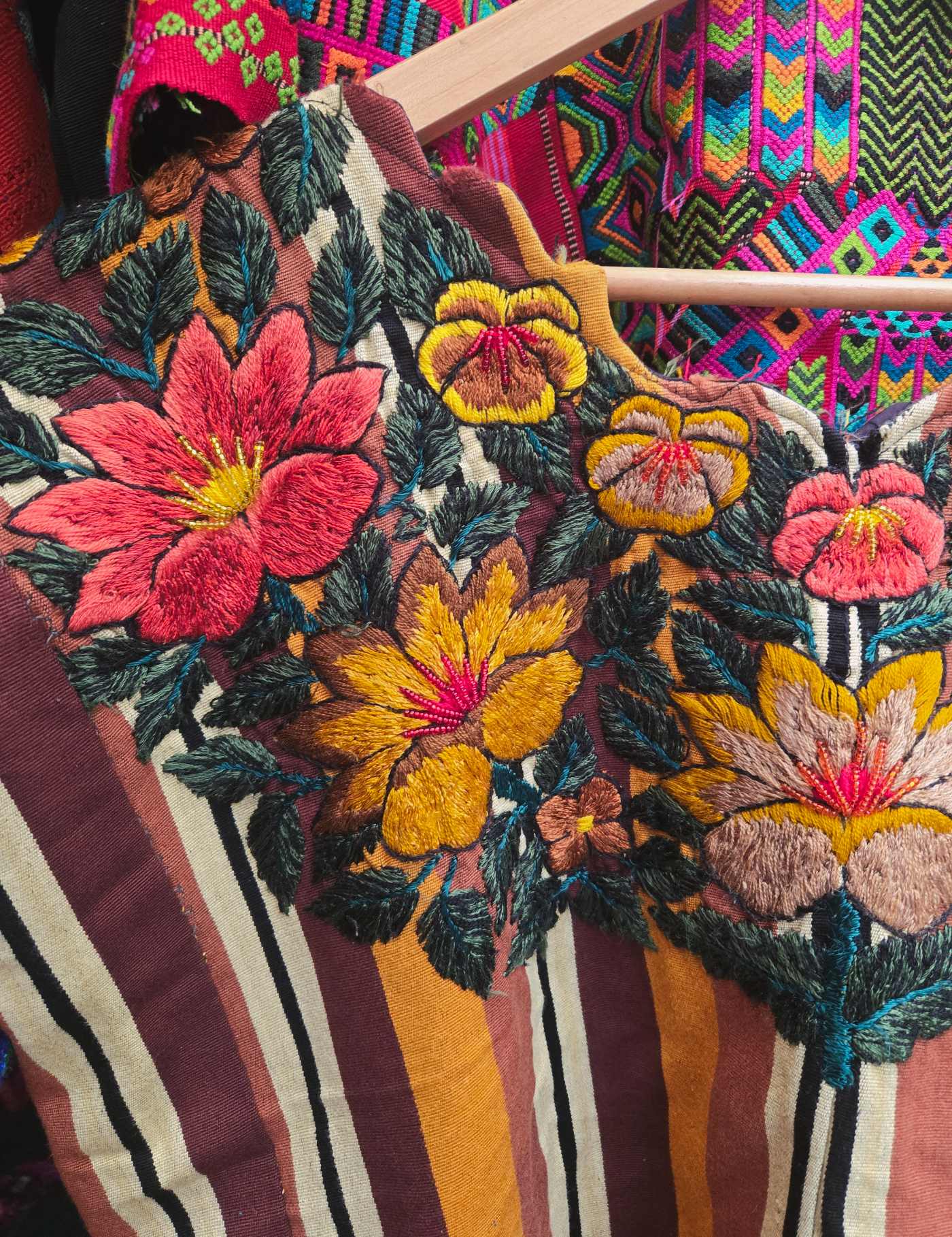 Brown Stripes and Flowers Santiago Huipil #9-34
