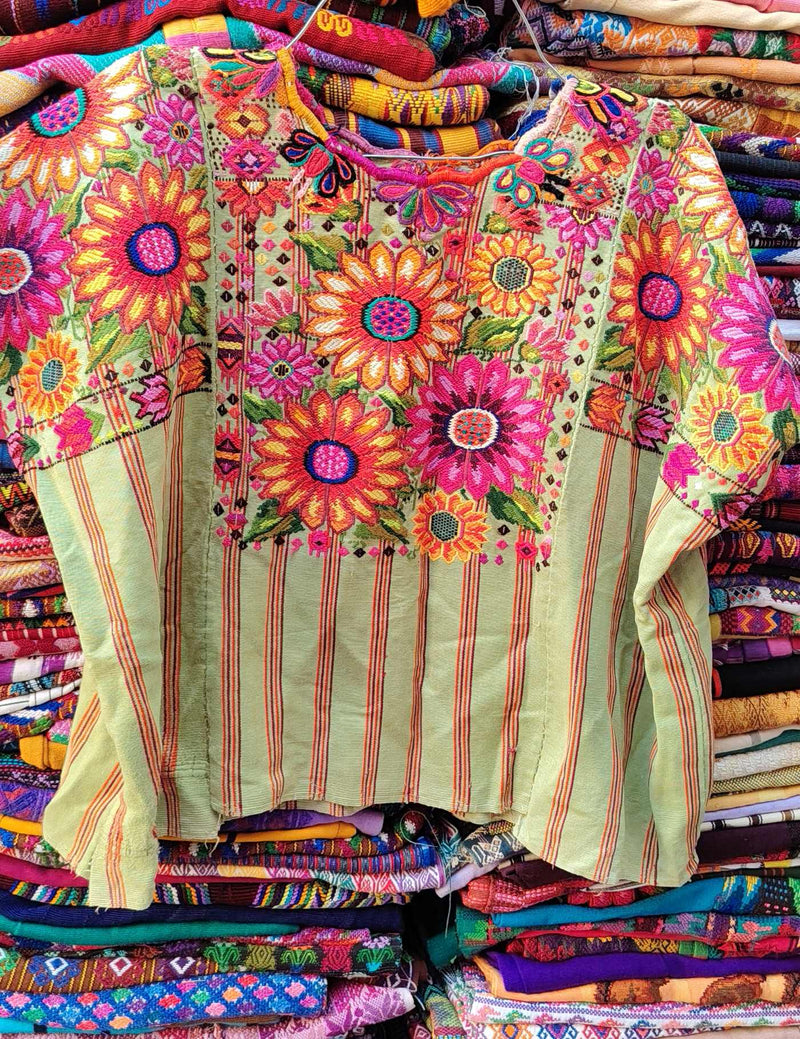 Pistachio Green with Sunflowers Chichicastenango Huipil #9-133