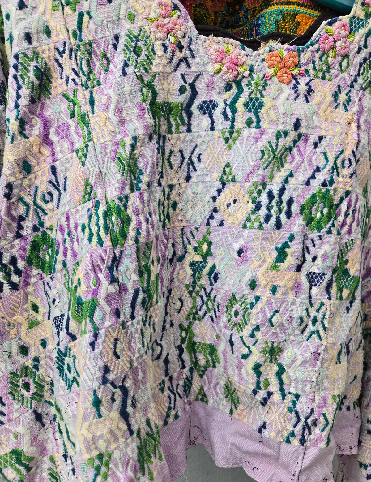 Lilac and Green with Rococo Neckline Cobán Huipil #9-312