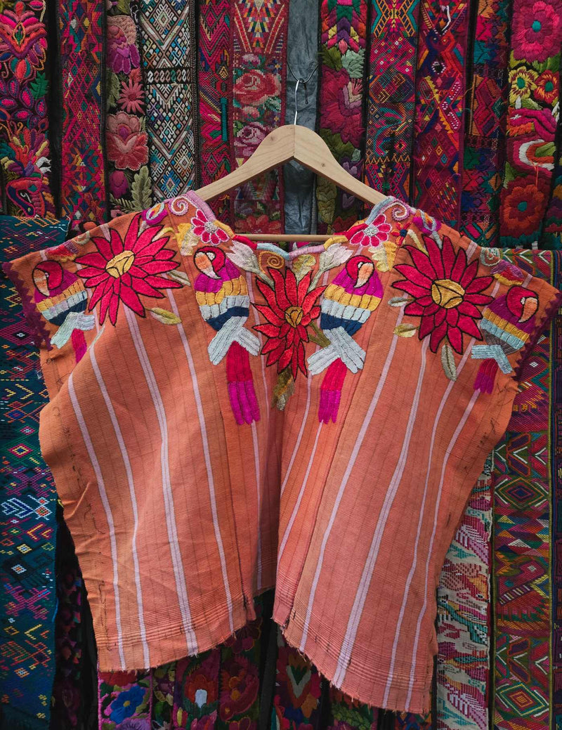 Silk Parrots on Brown Chichicastenango Huipil #9-477