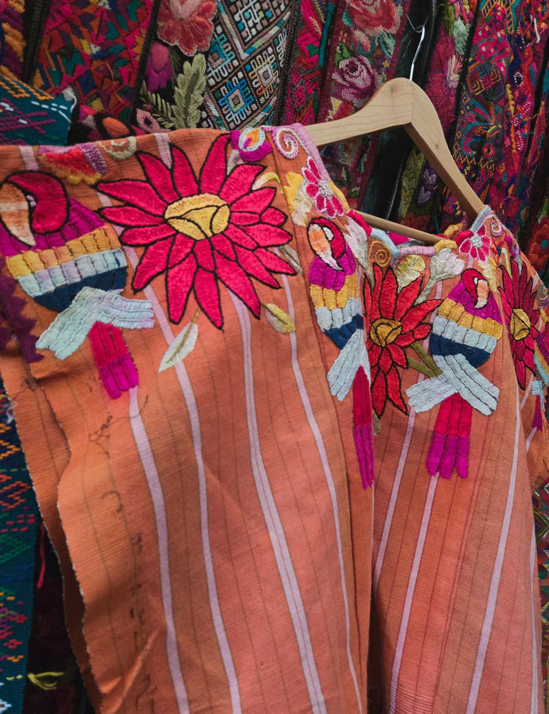Silk Parrots on Brown Chichicastenango Huipil #9-477