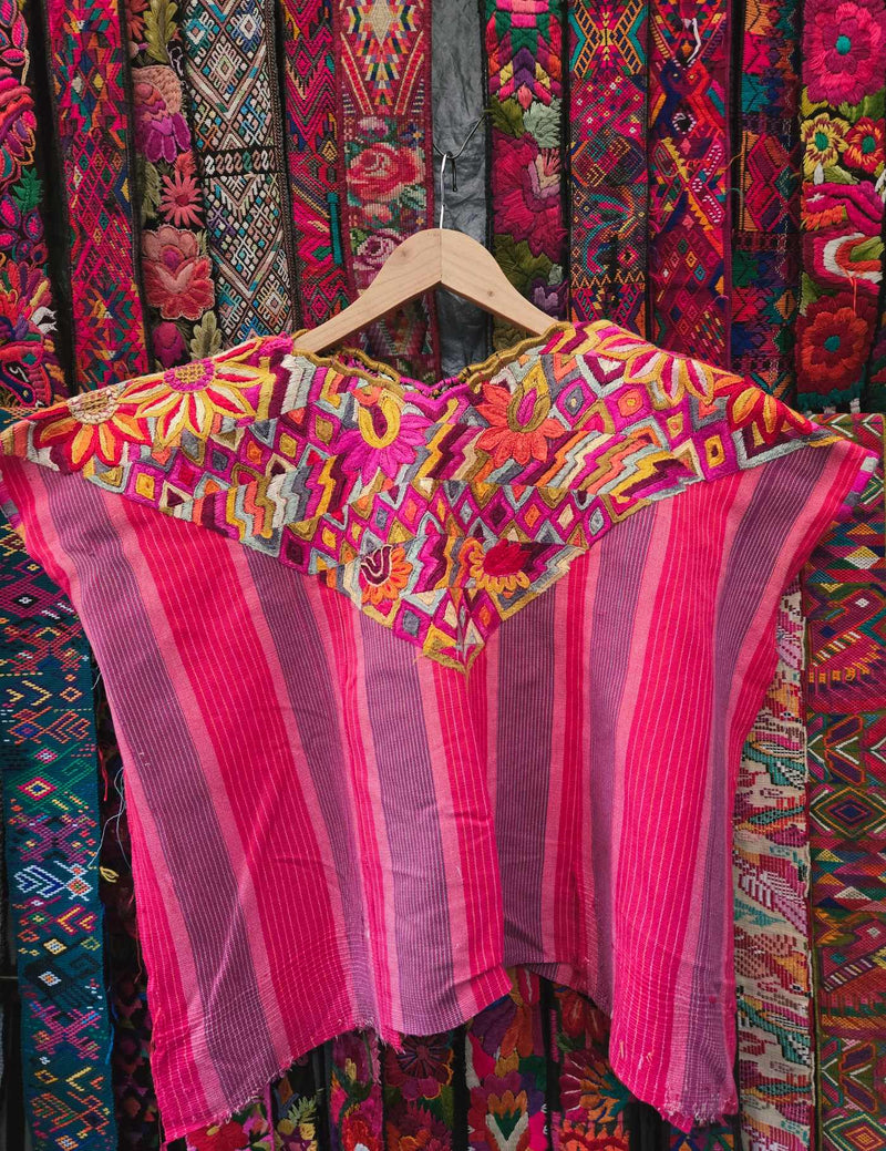 Pink and Mauve with Silk Embroidery Chichicastenango Huipil #9-495