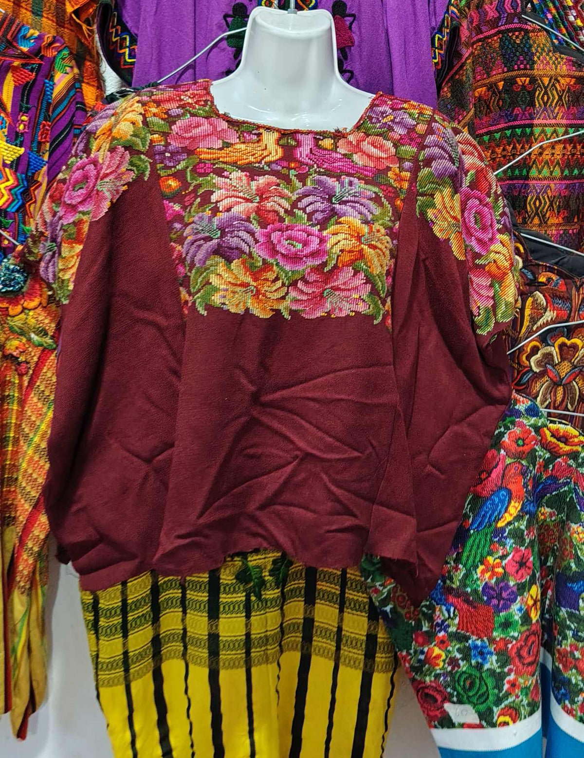Burgundy Flowers and Birds Chichicastenango Huipil #9-514