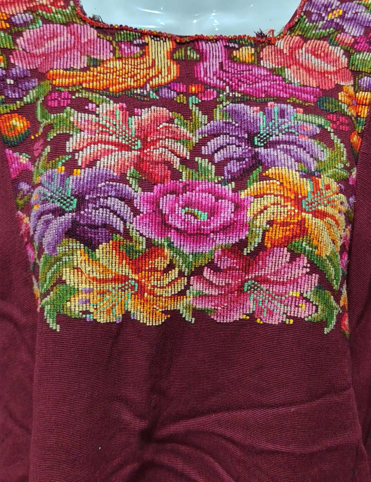 Burgundy Flowers and Birds Chichicastenango Huipil #9-514