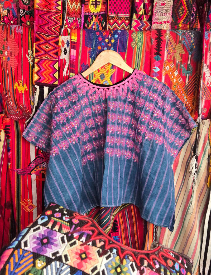 Indigo with Pink Eagles Nahualá Huipil #10-37